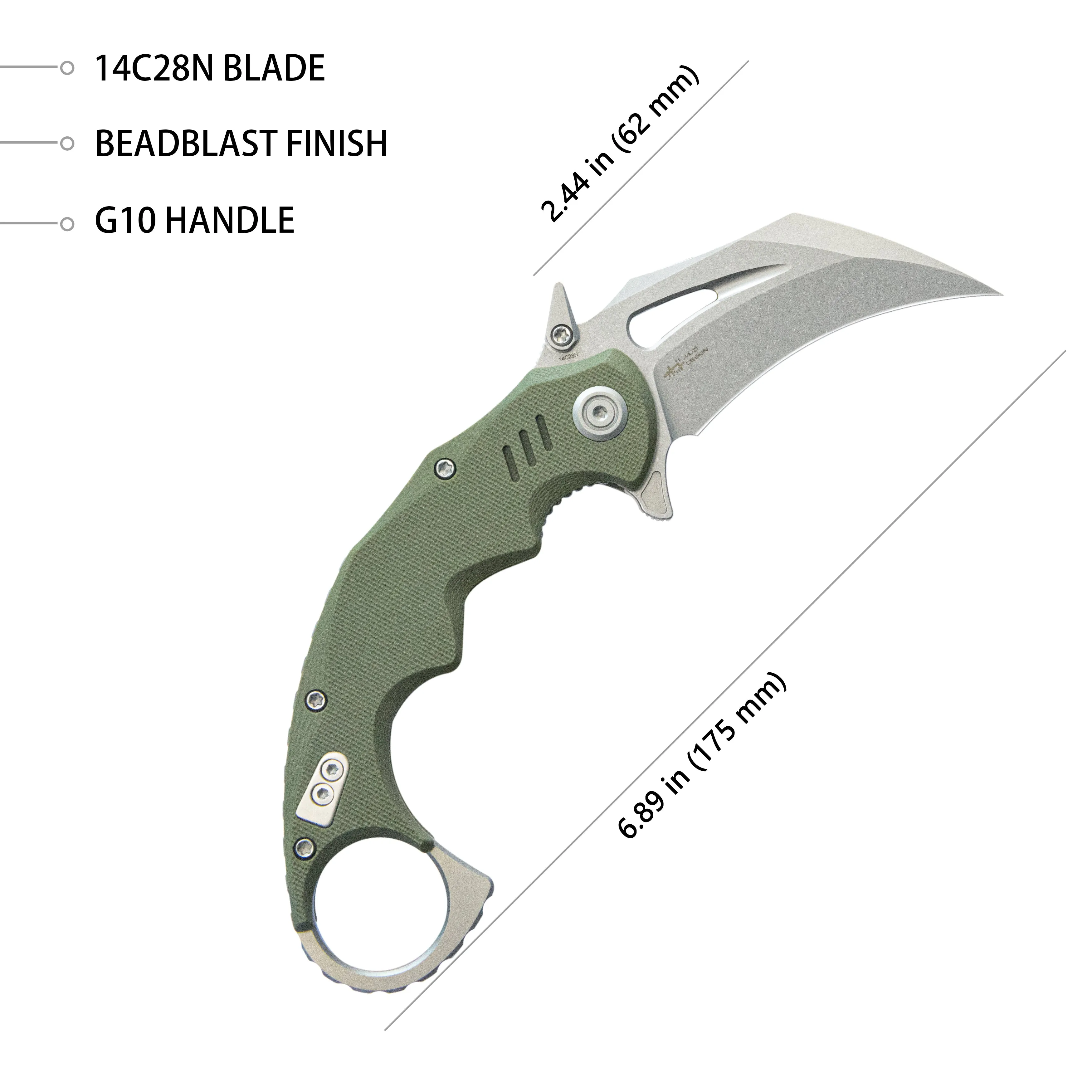 Mini Wrath Karambit Folding Knife Green G-10 Handle 2.44 Beadblast 14C28N Blade KU262B