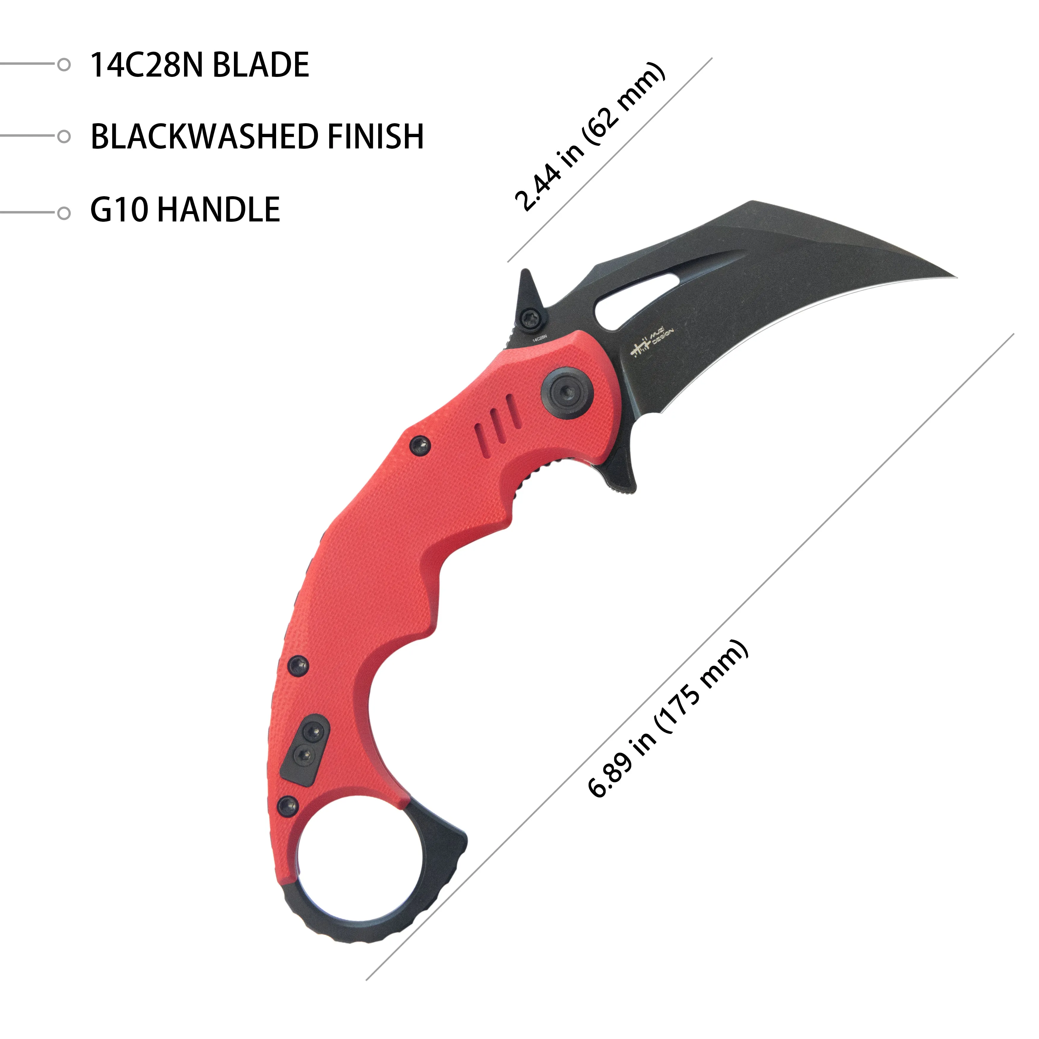 Mini Wrath Karambit Folding Knife Red G-10 Handle 2.44 Blackwash 14C28N Blade KU262H