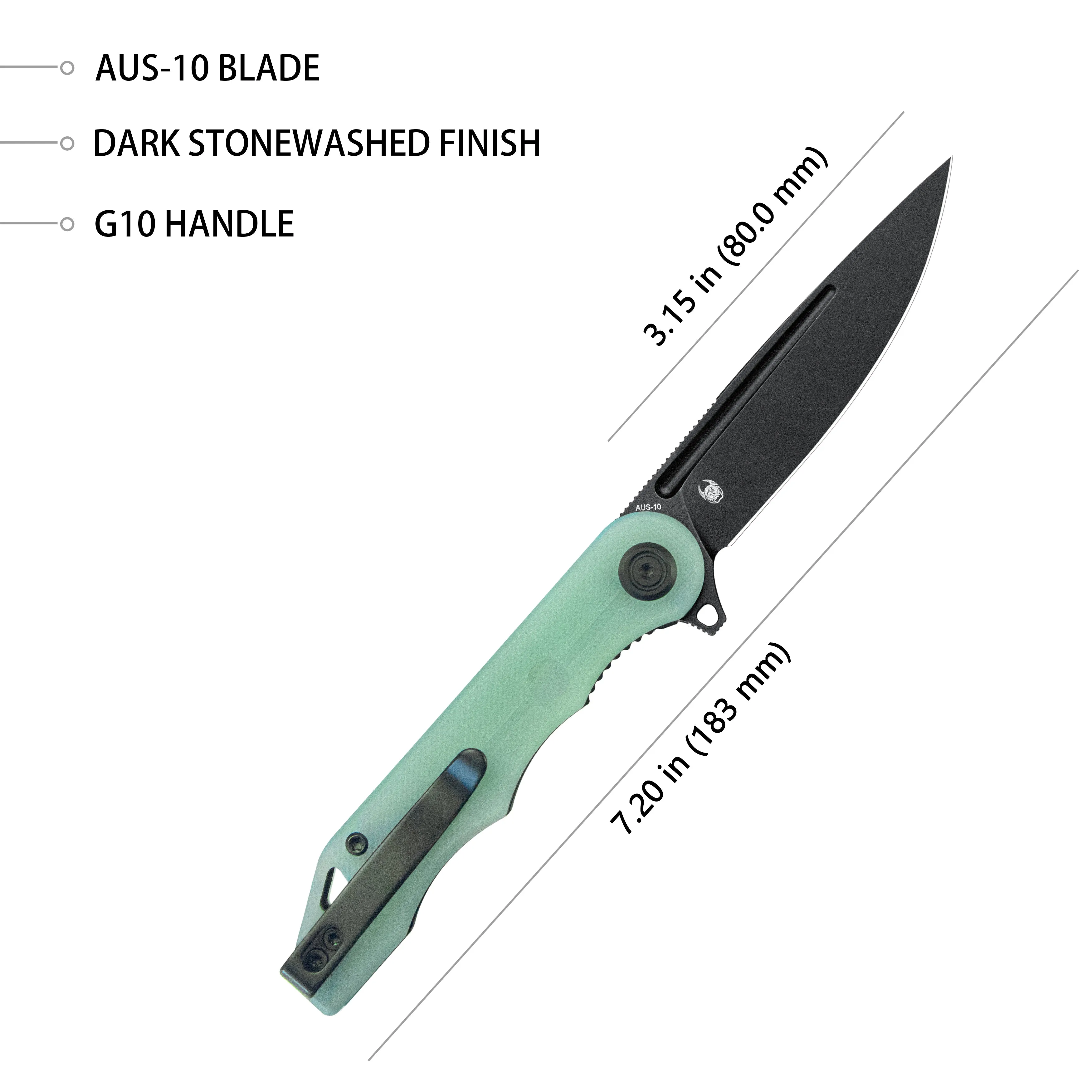 Mizo Liner Lock Flipper Folding Knife Jade G10 Handle 3.15 Blackwashed AUS-10 KU312G