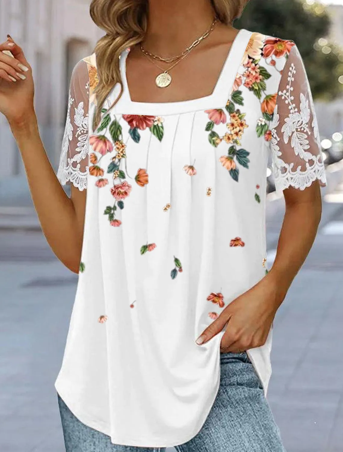 Pleated Printed Lace Sleeve Top