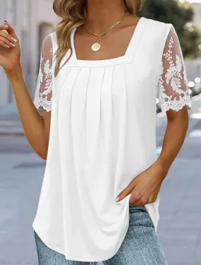 Pleated Printed Lace Sleeve Top