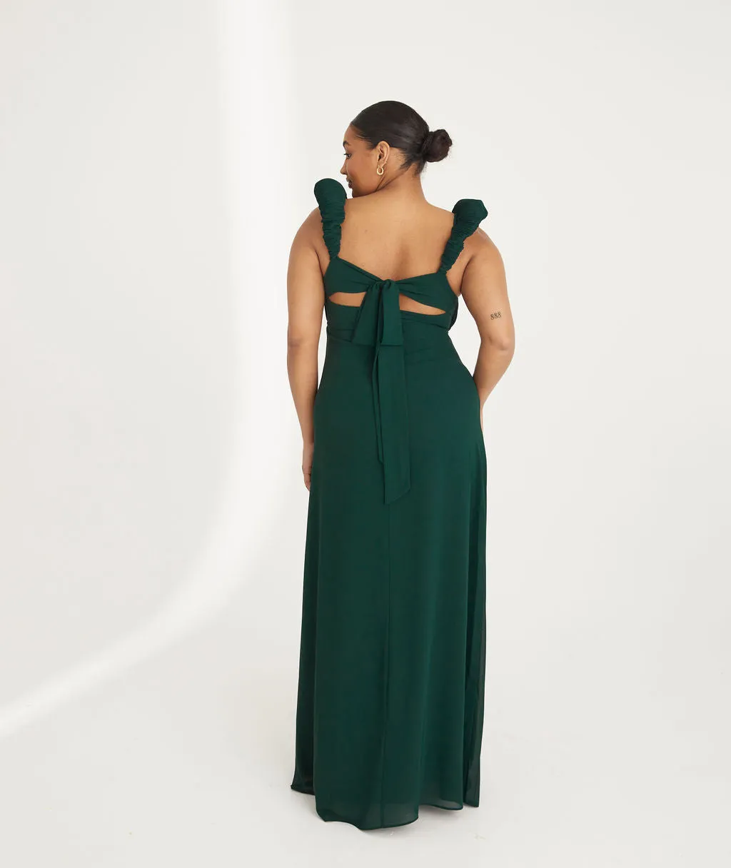 Pleated Statement Shoulder Chiffon Bridesmaid Dress - Emerald