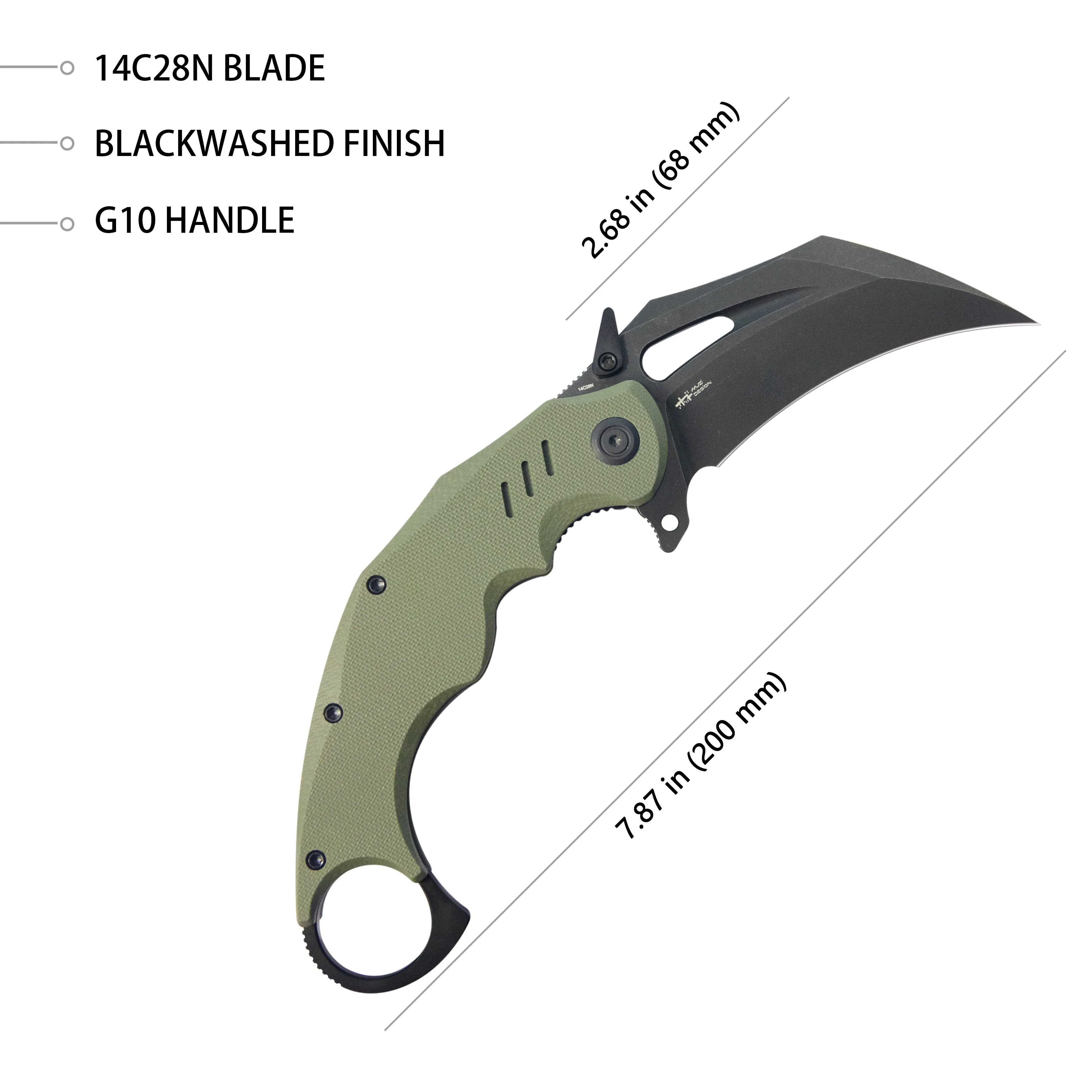 Wrath Karambit Folding Knife Green G-10 Handle 2.68 Blackwash 14C28N Blade KU261F