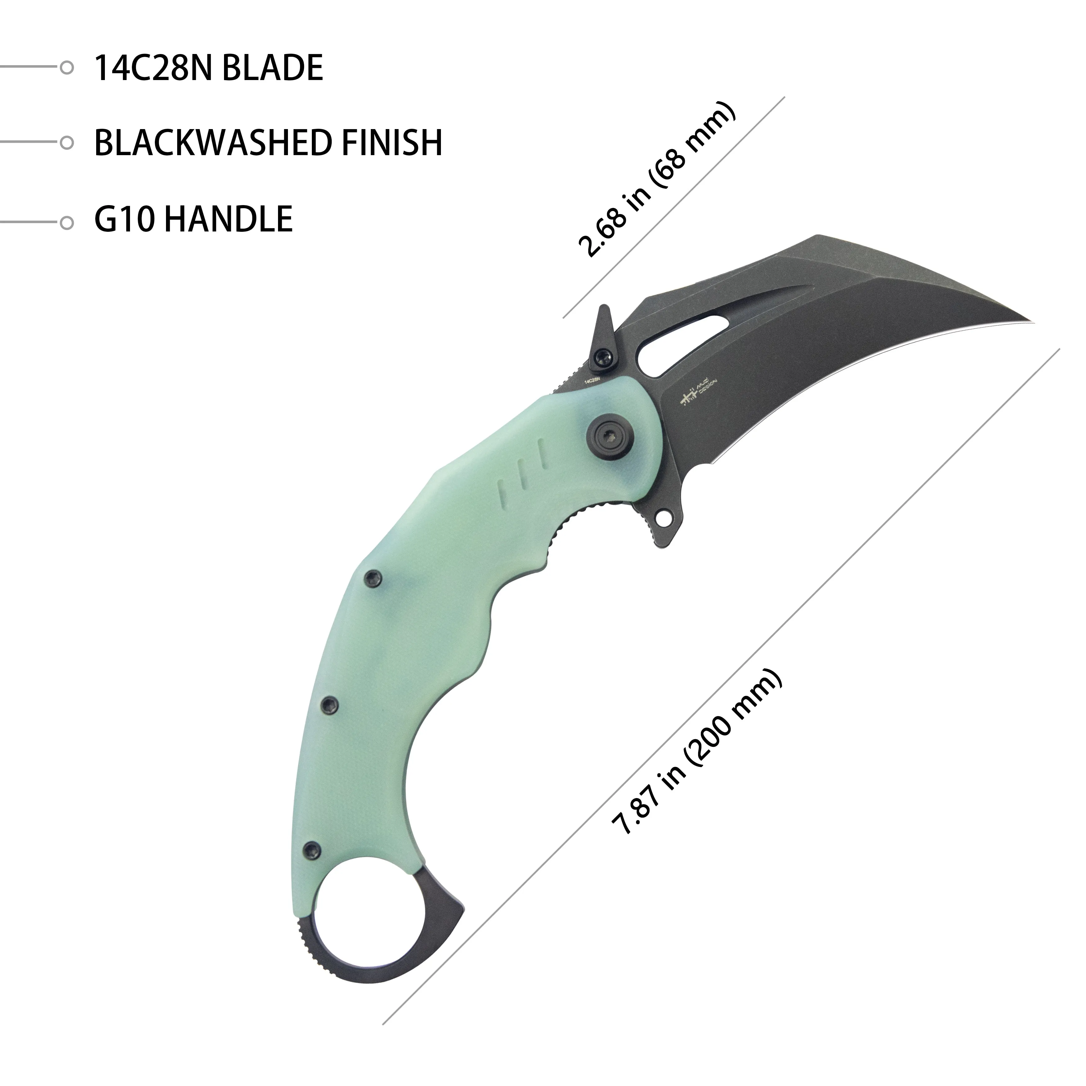 Wrath Karambit Folding Knife Jade G-10 Handle 2.68 Blackwash 14C28N Blade KU261K